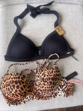 PINK Victoria's Secret Black Halter Bikini Top & Leopard Print Bandeau bundle